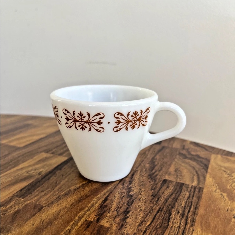 PYREX Coffee Cups Milk Glass Copper Filigree Brown White Vintage 716